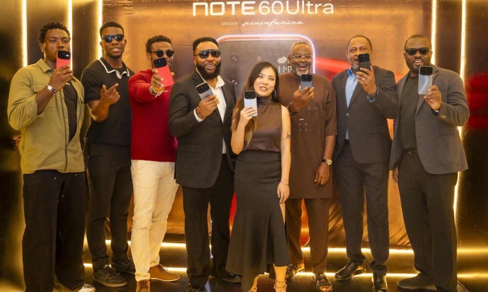 Crank, Head of Auto, 234 Drive; Izzie Boye, Tech Expert; Nnamdi Ezeigbo, CEO, SLOT Nigeria; Yefui Nui, Marketing Manager, Infinix Nigeria; Olusegun Adebayo, CEO Harmony Stores with others at the Infinix Note 60 Ultra launch event