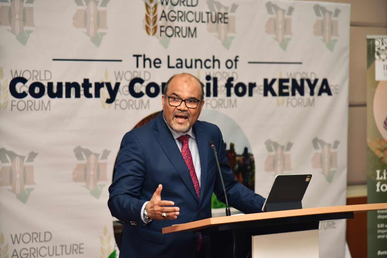 Prof. Shaukat Abdulrazak, Principal Secretary State Department for Science, Research and Innovation in the office of the Prime Cabinet Secretary, delivering the keynote address on behalf of Prime Cabinet Secretary Hon. Musalia Mudavadi during the launch of the World Agriculture Forum Kenya Country Council.