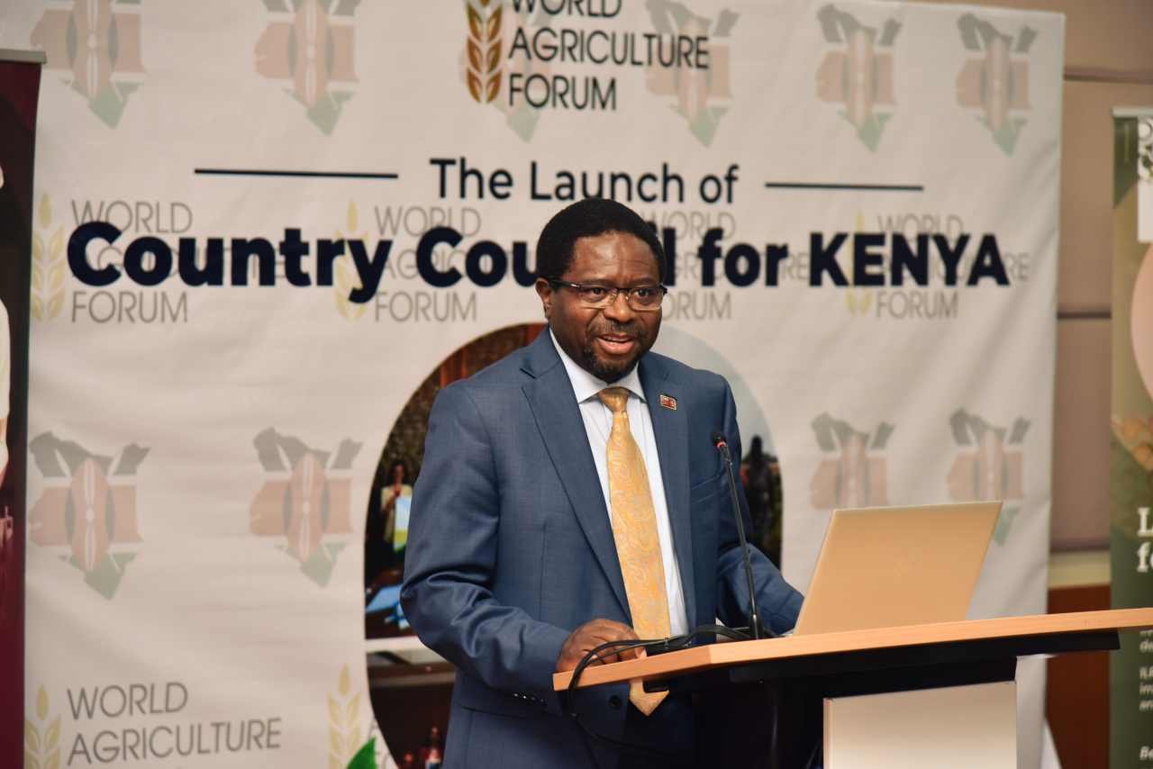 ILRI Director General Prof. Appolinaire Djikeng addresses delegates attending the launch of the World Agriculture Forum Kenya Country Council.