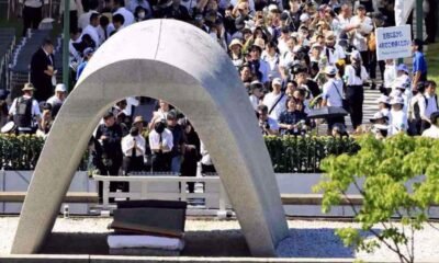 People lay flowers at the Cenotaph for the Atomic Bomb Victims following the Peace Memorial Ceremony in Naka Ward, Hiroshima, Japan, August 6, 2026. (Photo via social media)