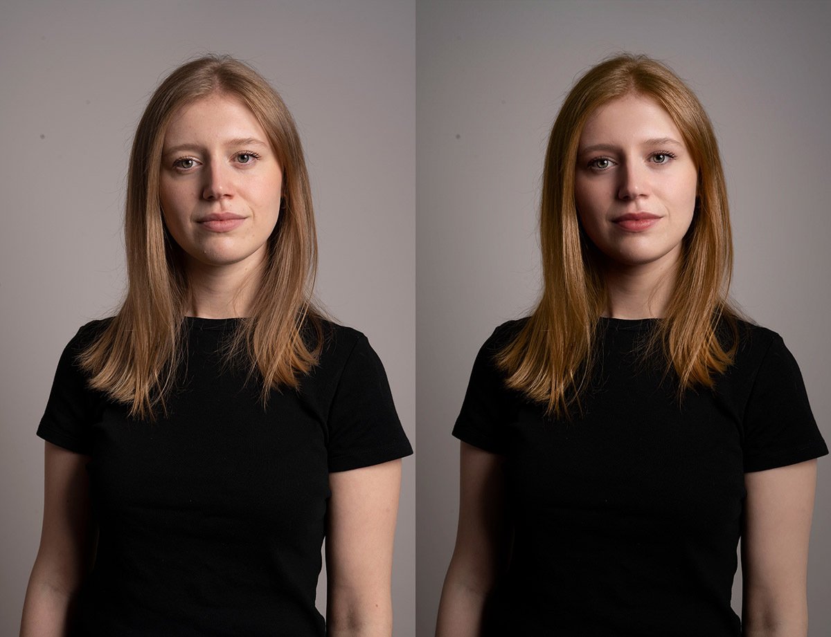 Before (left) and after (right) editing in PortraitPro.